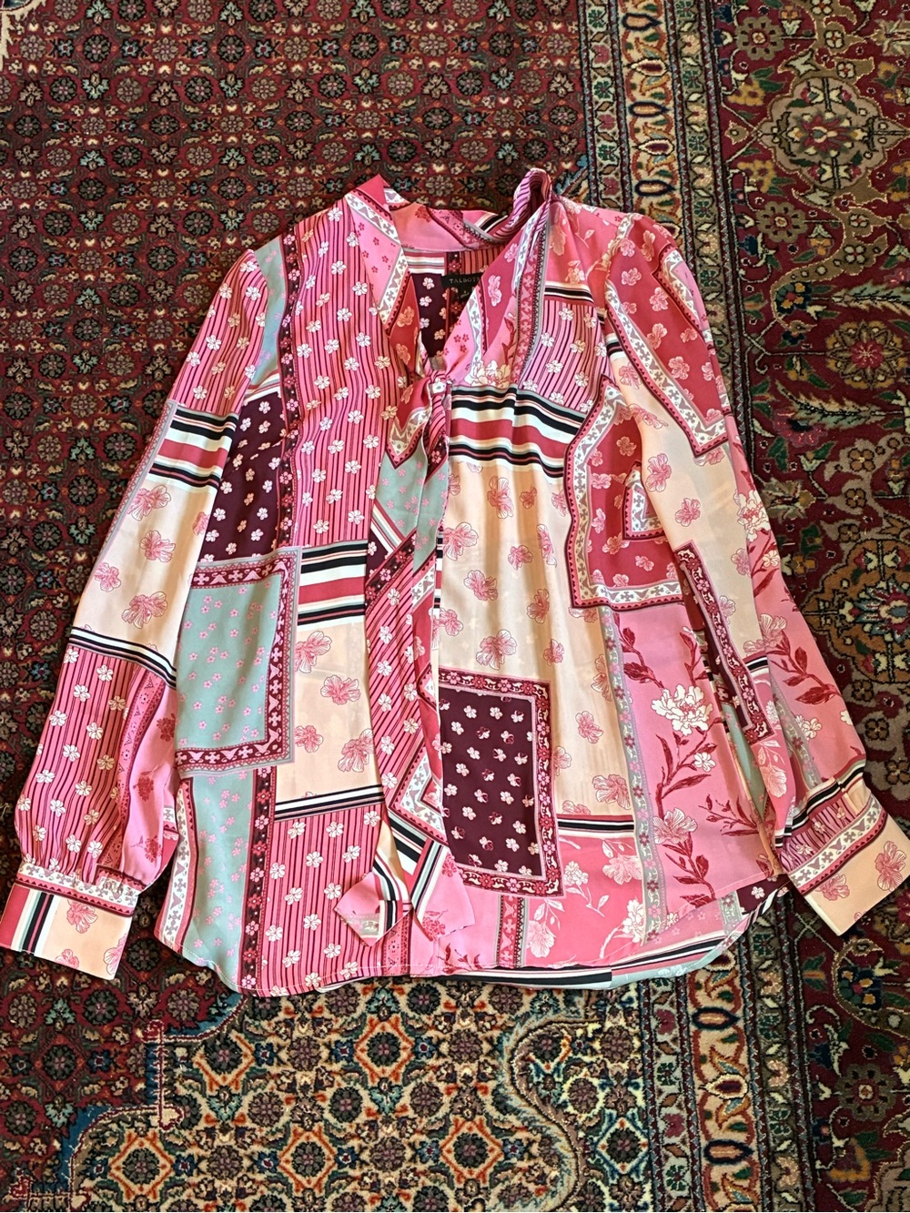 Talbots Pink Patchwork Tie Neck Blouse